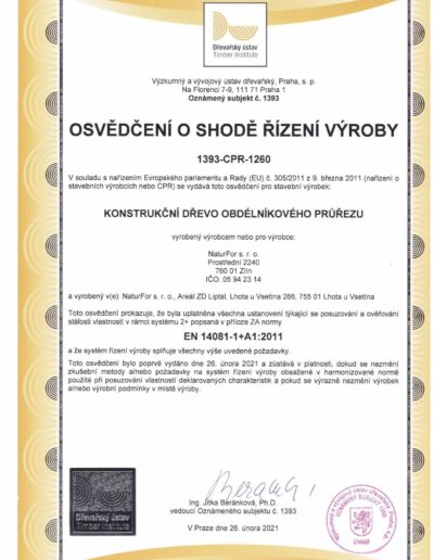 Certifikát - Osvědčení o shodě řízení výroby - NaturFor, s.r.o.