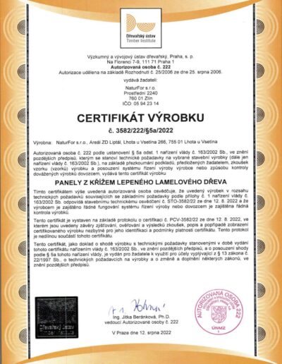 Certifikát - Certifikát výrobku - NaturFor, s.r.o.